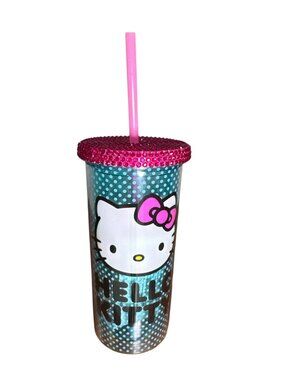 Hello Kitty Glitter Tumbler With Straw & Rhinestone Lid - Blue & Pink 20 oz BPA-